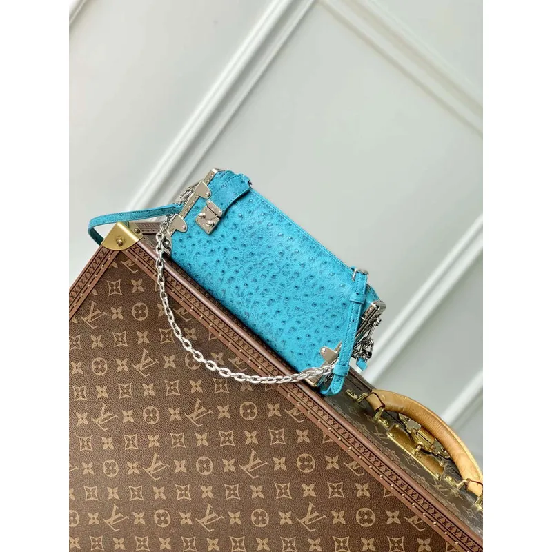LV M25445 Louis Vuitton Slim Trunk Bag vzor pštrosa královská modrá