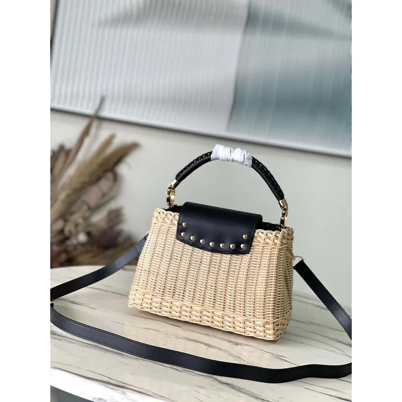 LV M48865 Louis Vuitton Capucines BB Kabelka Slaměná Kůže Béžová Černá