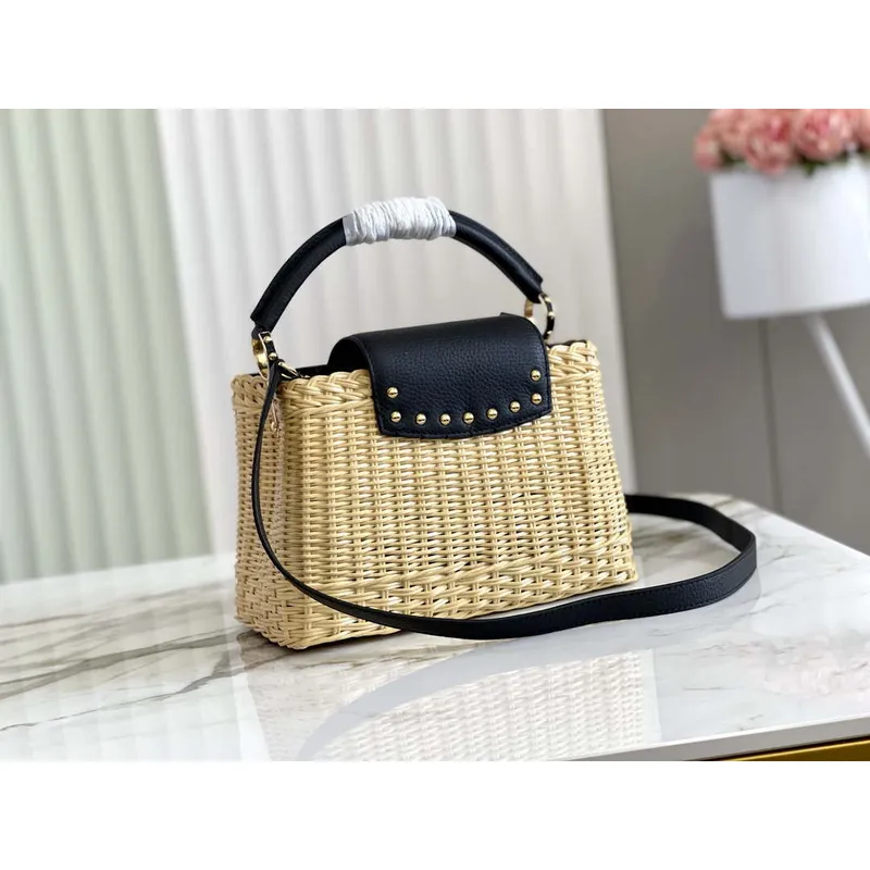 LV M55011 Louis Vuitton Capucines BB Kabelka Sláma Kůže Béžová Černá