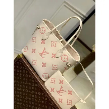 LV M21579 Louis Vuitton Neverfull MM Tote Bag M46649 Monogram Empreinte Kůže Krémová Růžová