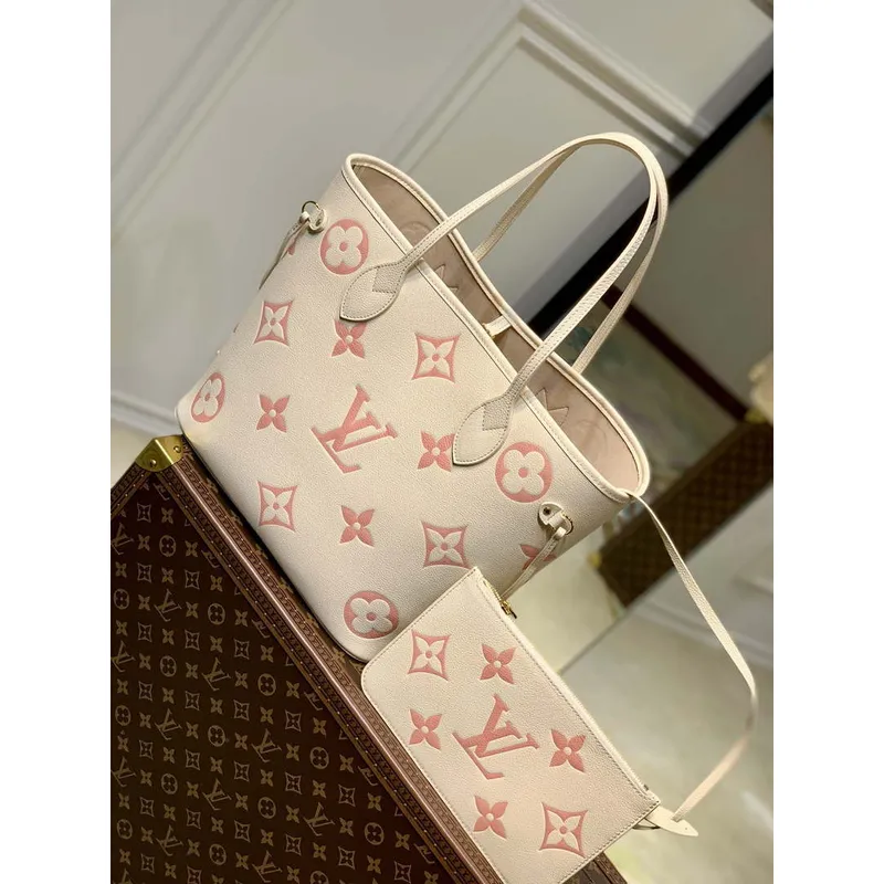 LV M21579 Louis Vuitton Neverfull MM Tote Bag M46649 Monogram Empreinte Kůže Krémová Růžová