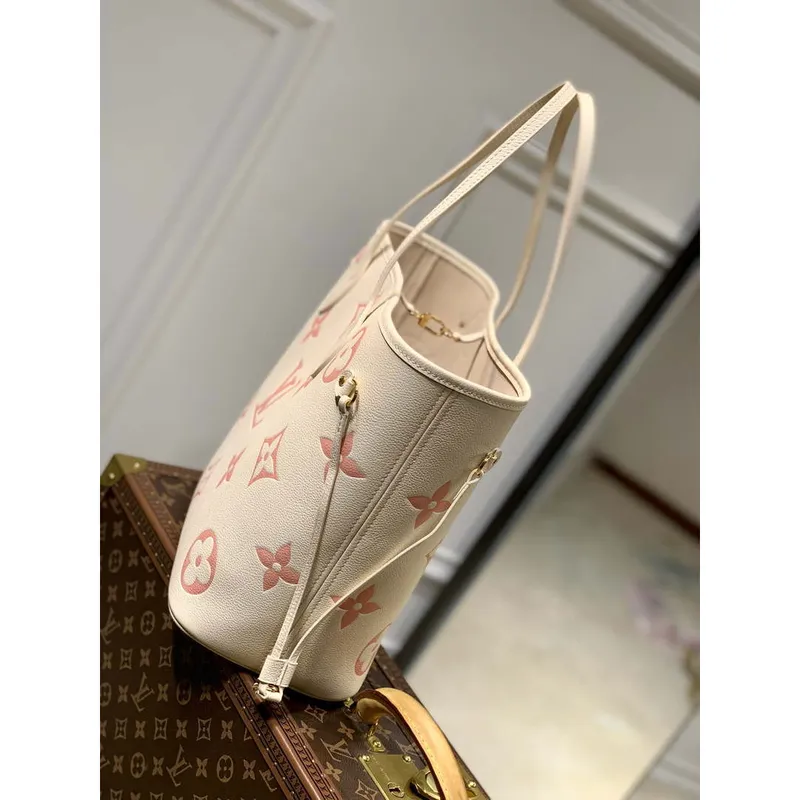 LV M21579 Louis Vuitton Neverfull MM Tote Bag M46649 Monogram Empreinte Kůže Krémová Růžová