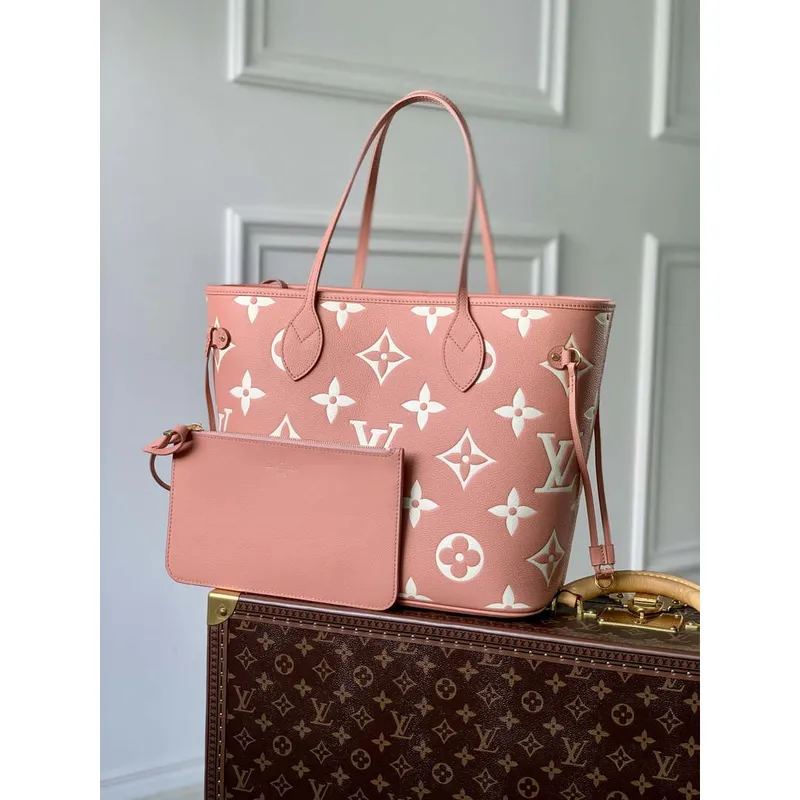 LV M45686 Louis Vuitton Neverfull MM Tote Bag Monogram Empreinte Kůže Růžová Krémová
