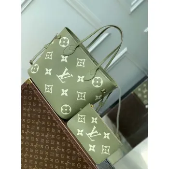 LV M46649 Louis Vuitton Neverfull MM Tote Bag Monogram Empreinte Kůže Kaki Krém