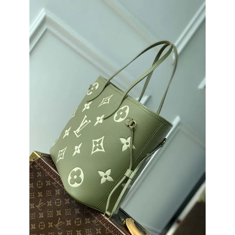 LV M46649 Louis Vuitton Neverfull MM Tote Bag Monogram Empreinte Kůže Kaki Krém
