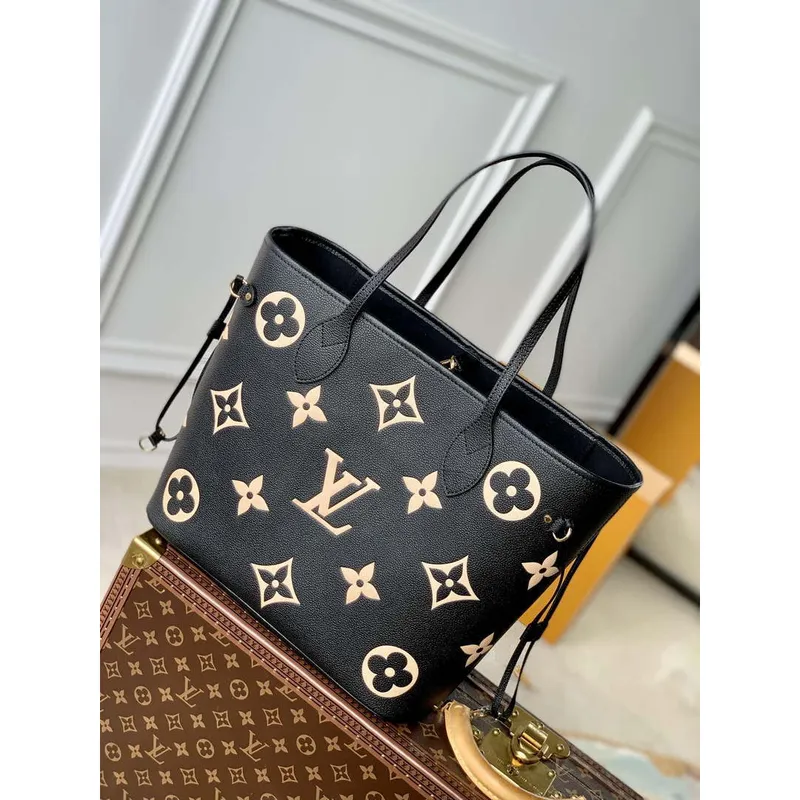 LV M58907 Louis Vuitton Neverfull MM Taška M45685 Monogram Empreinte Kůže Černá s Béžovým Logem