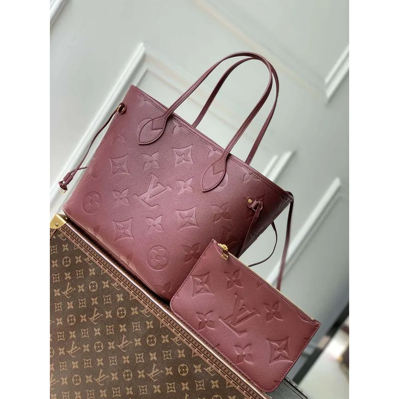 LV M46599 Louis Vuitton Neverfull MM Taška M45685 Monogram Empreinte Kůže Vínově Červená
