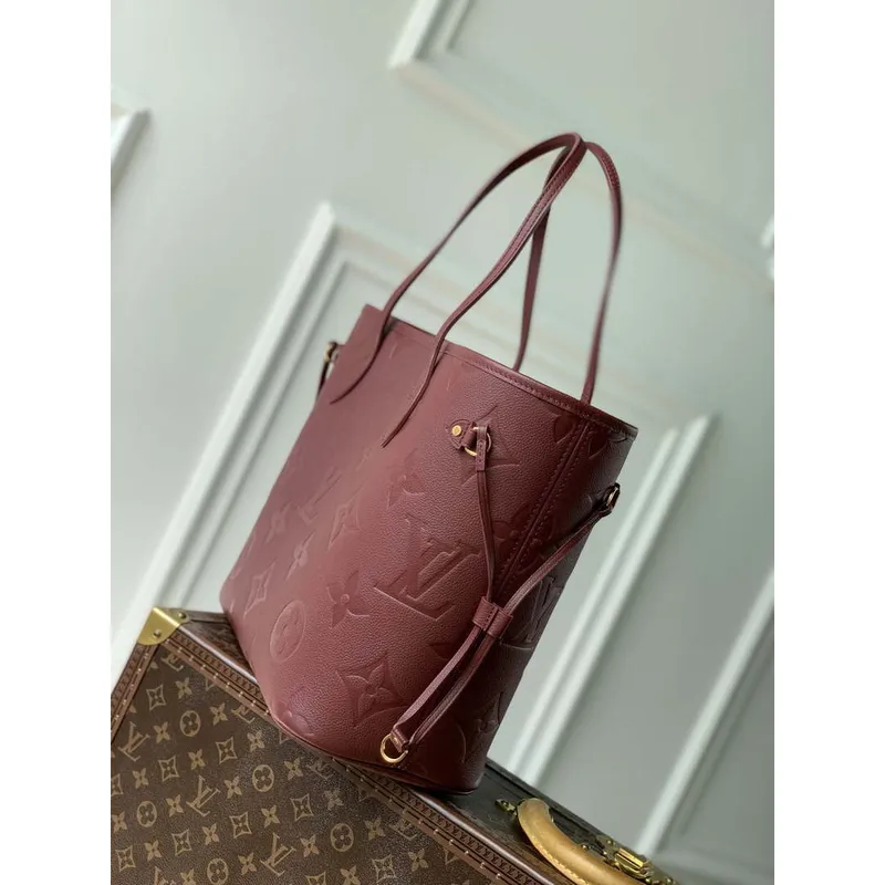 LV M46599 Louis Vuitton Neverfull MM Taška M45685 Monogram Empreinte Kůže Vínově Červená