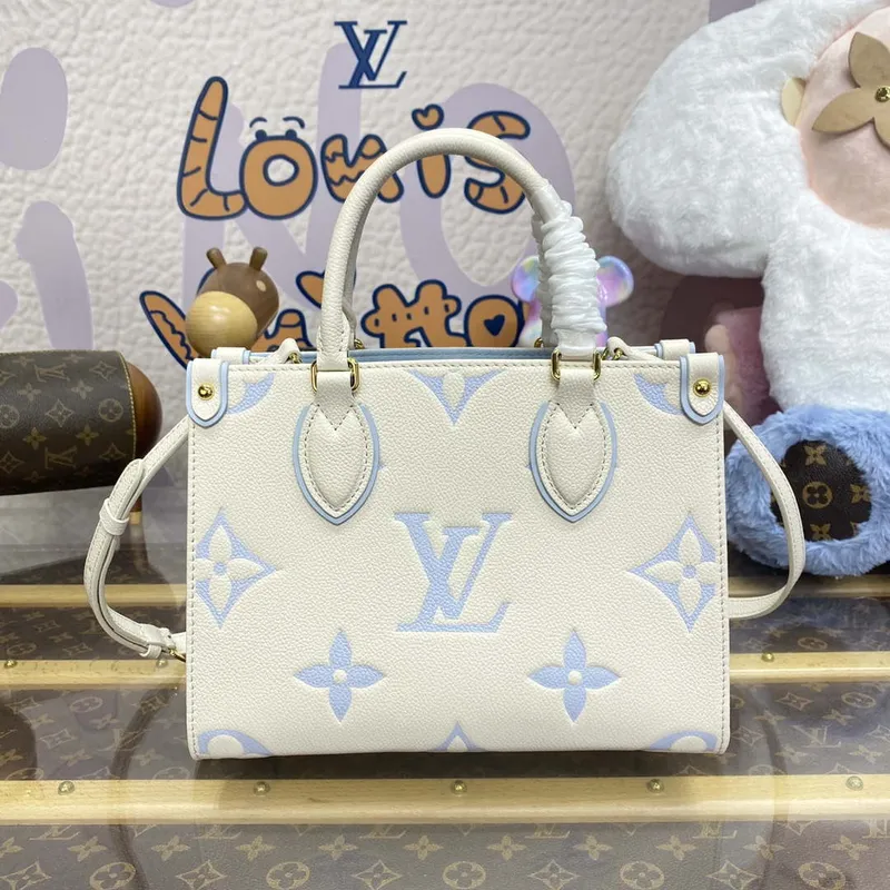 LV M46833 Louis Vuitton OnTheGo PM Bicolor Monogram Empreinte Kůže Latte Blue