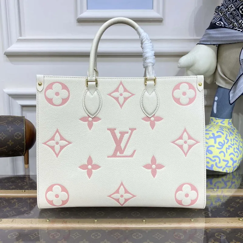 LV M21575 Louis Vuitton OnTheGo MM Bicolor Monogram Empreinte Kůže Latte Růžová