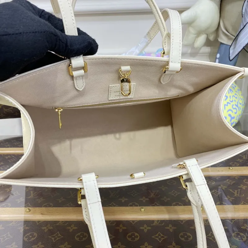 LV M21575 Louis Vuitton OnTheGo MM Bicolor Monogram Empreinte Kůže Latte Růžová