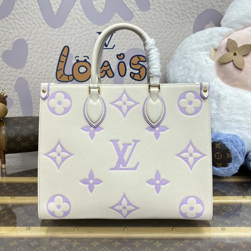 LV M23937 Louis Vuitton OnTheGo MM Bicolor Monogram Empreinte Kůže Latte Bubble Tea Purple