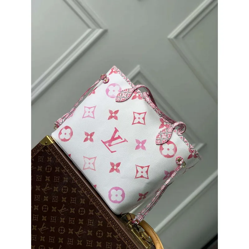 LV M22980 Louis Vuitton Neverfull MM Tote Bag Růžová