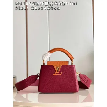 LV M48865 Louis Vuitton Capucines Mini Taška Šitá z pštrosí kůže Vínově červená