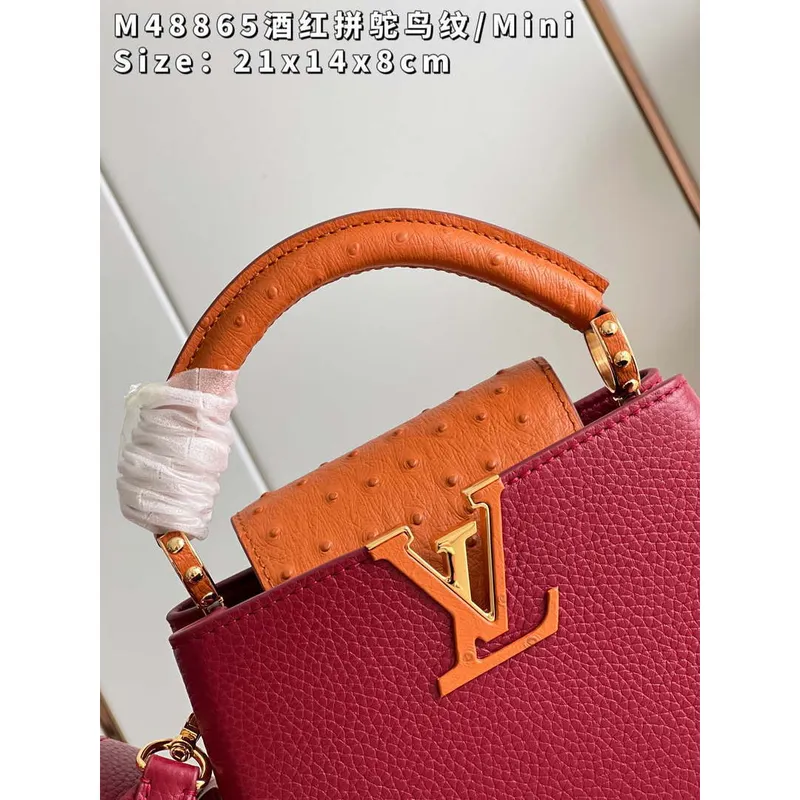 LV M48865 Louis Vuitton Capucines Mini Taška Šitá z pštrosí kůže Vínově červená