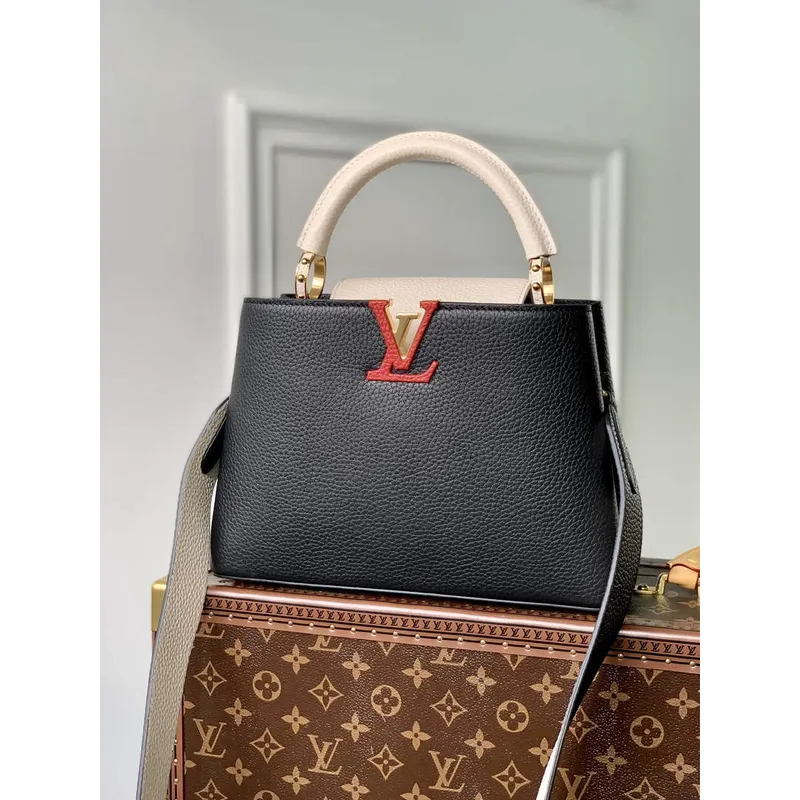 LV M21043 Louis Vuitton Capucines BB Kabelka Černá / Greige Doux / Šarlatová