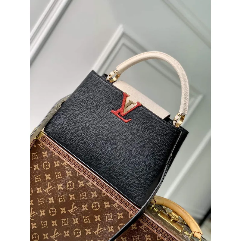 LV M21043 Louis Vuitton Capucines MM Kabelka Černá / Greige Doux / Šarlatová