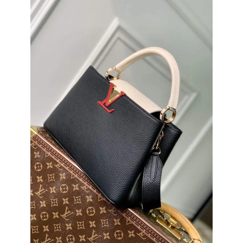 LV M21043 Louis Vuitton Capucines MM Kabelka Černá / Greige Doux / Šarlatová