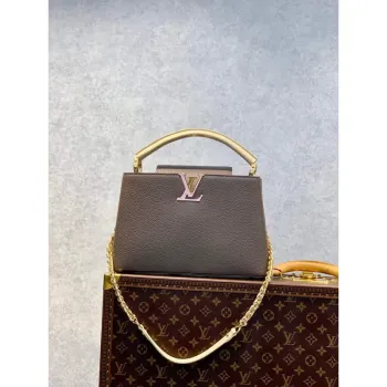 LV M59516 Louis Vuitton Capucines MM Kabelka Smoky Hnědá Zelená/Crème/Růžová