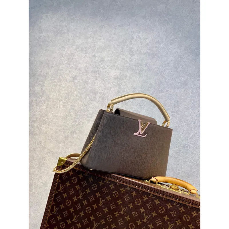 LV M59516 Louis Vuitton Capucines MM Kabelka Smoky Hnědá Zelená/Crème/Růžová