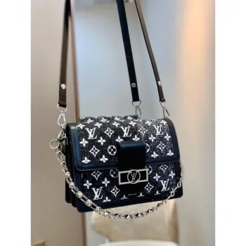 LV M59631 Louis Vuitton Dauphine MM Džínová kožená taška černá