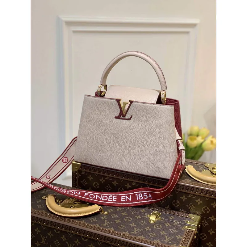 LV M58610 Louis Vuitton Capucines MM Kabelka Béžová a Vínově červená