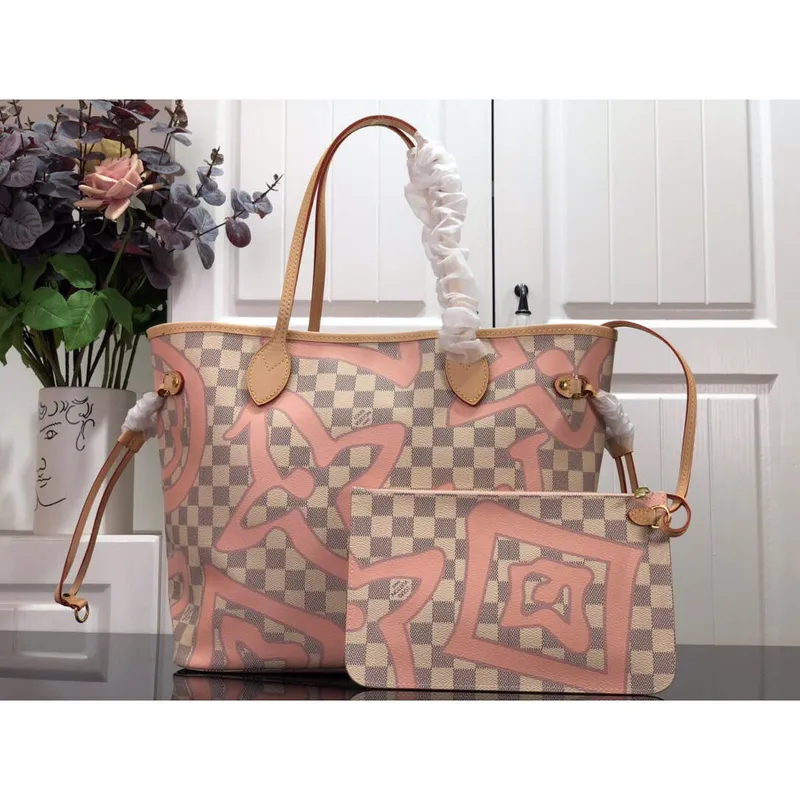 LV N41050 Louis Vuitton Neverfull MM Tote Bag Růžová