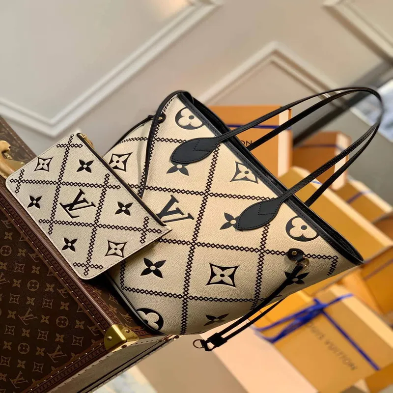 LV M46039 Louis Vuitton Neverfull MM Tote Monogram Taška M46040 Crème Béžová