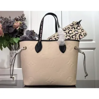 LV M58525 Louis Vuitton Neverfull MM Monogram Empreinte Kožená taška M45856 Krémová