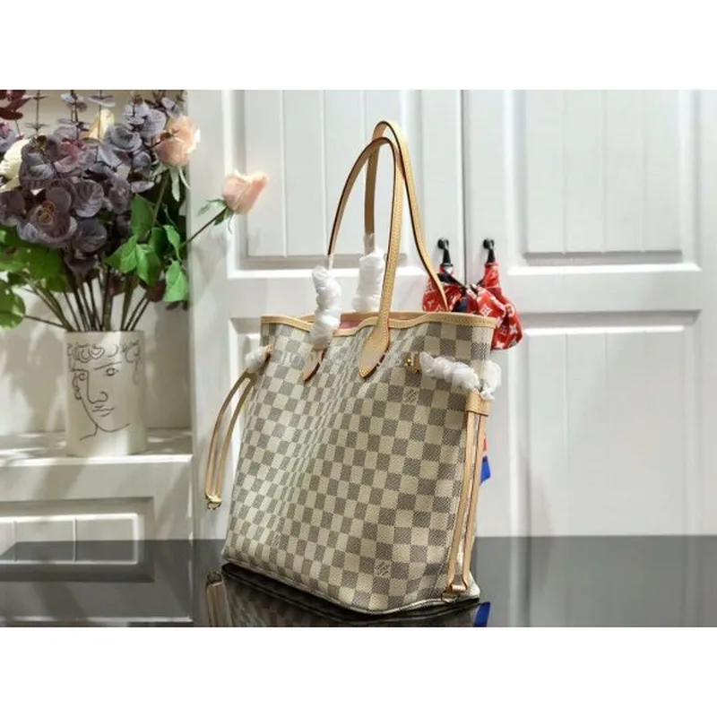 LV N41361 Louis Vuitton Neverfull MM Damier Azur N41605 Taška Růžová