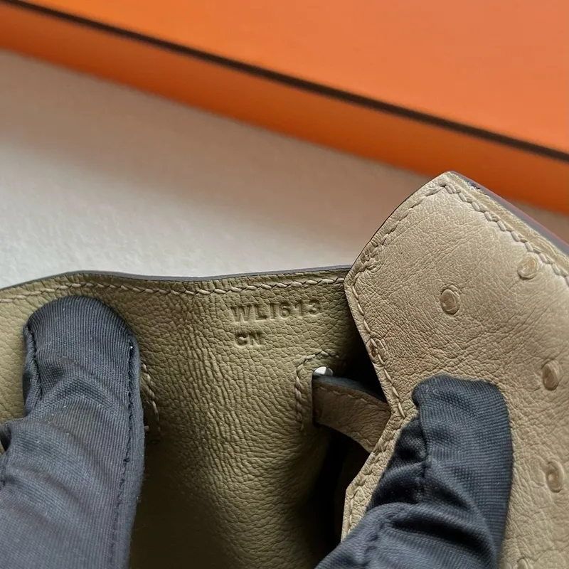 Hermes Birkin 25 Retourne Ručně vyráběná taška z pštrosí kůže v barvě trench