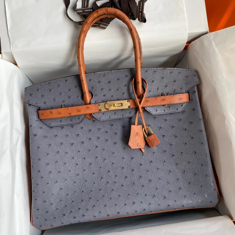 Hermes HSS Birkin 35 Bicolor Taška v Gris Agate a zlaté pštrosí kůži