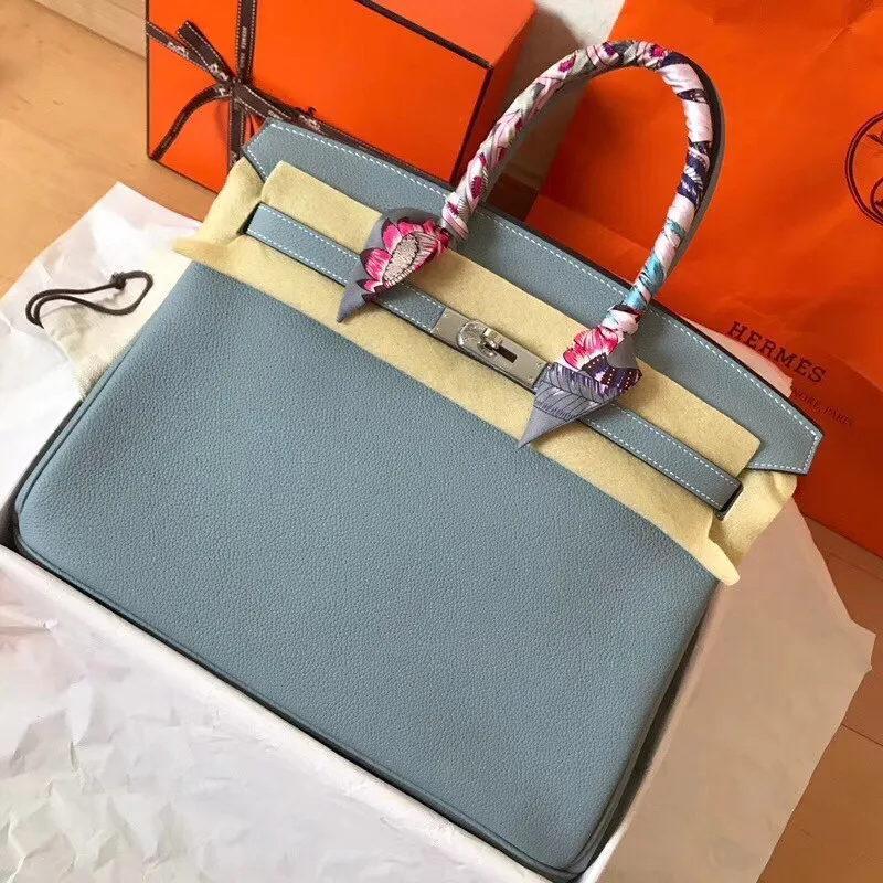 Hermes Blue Lin Birkin 35cm Clemence Ručně vyráběná taška