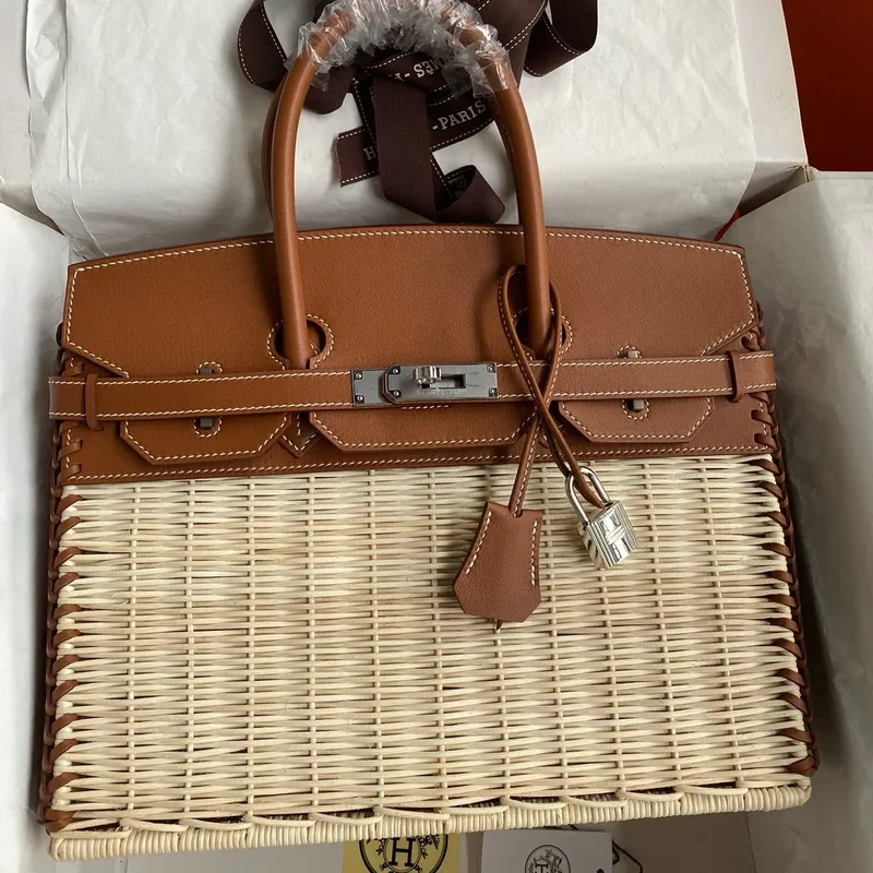 Hermes Picnic Birkin 30 Taška z proutí s kůží Barenia