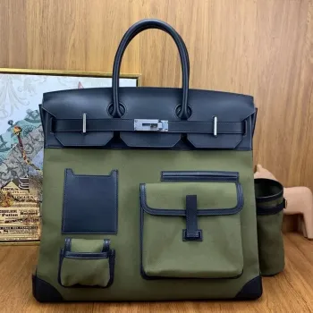 Hermes HAC Cargo Birkin 40 Ručně vyráběná taška v zeleném plátně