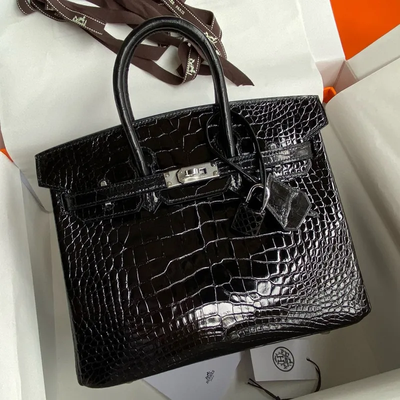 Hermes Birkin 25 Retourne Ručně Vyrobená Taška V Černé Lesklé Kůži Aligátora
