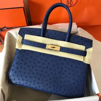 Hermes Blue Birkin 30cm Pštrosí Ručně Vyrobená Taška