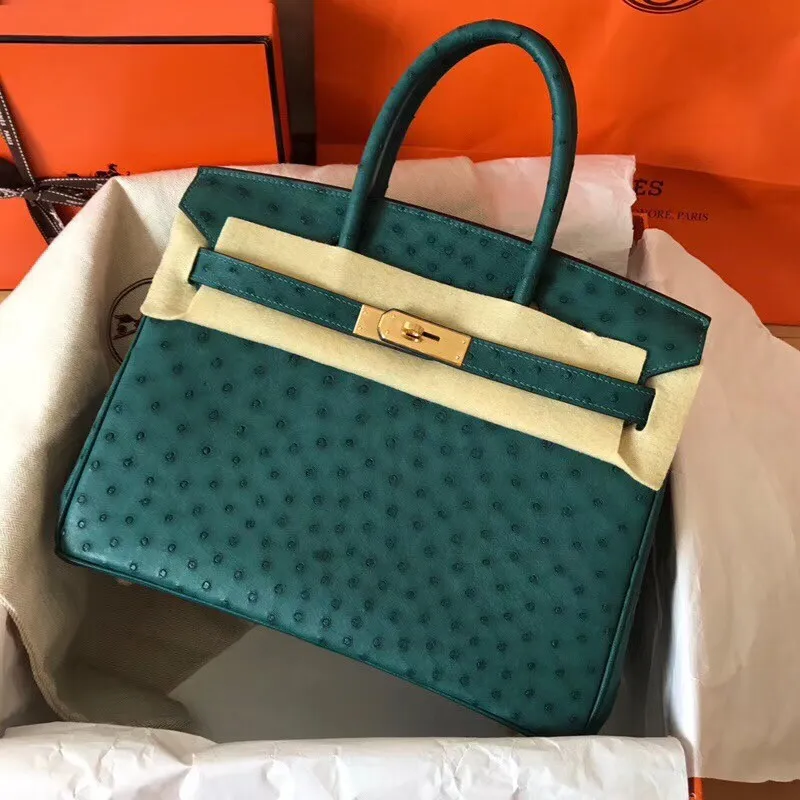 Hermes Zelená Birkin 30cm Pštrosí Ručně Vyrobená Taška