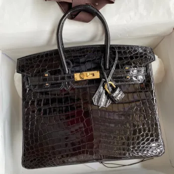 Hermes Birkin 25 Ručně vyráběná taška v černé krokodýlí kůži Niloticus lesklé.