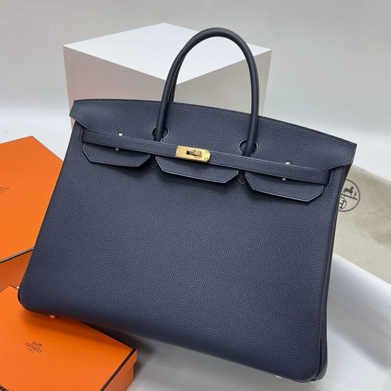 Hermes Birkin 40 Retourne Ručně vyráběná taška v kůži Blue Nuit Clemence