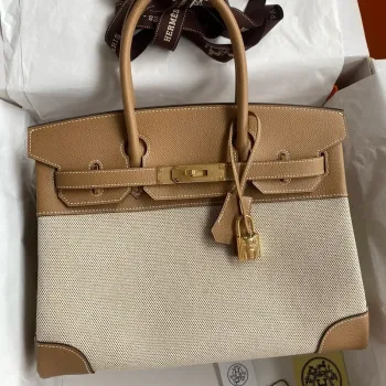 Hermes Birkin 30 Ručně vyráběná taška z plátna a kůže Epsom v barvě chai