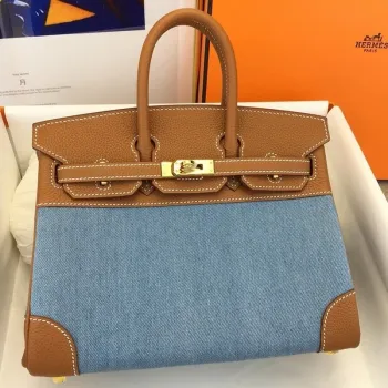Hermes Birkin 25 Ručně vyrobená taška v denimové a zlaté kůži Clemence