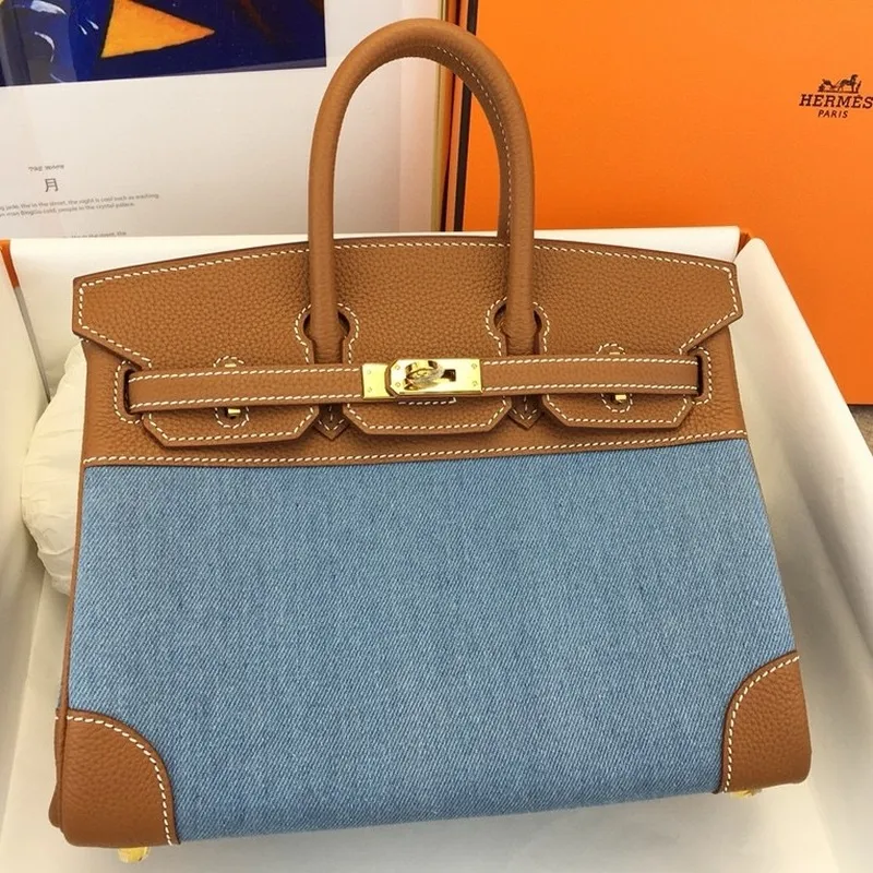 Hermes Birkin 25 Ručně vyrobená taška v denimové a zlaté kůži Clemence
