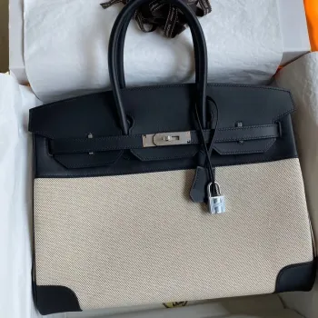 Hermes Birkin 35 Ručně vyráběná taška v plátně a černé kůži Swift