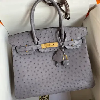 Hermes Birkin 30 Retourne Ručně vyráběná taška v kůži pštrosa Gris Agate