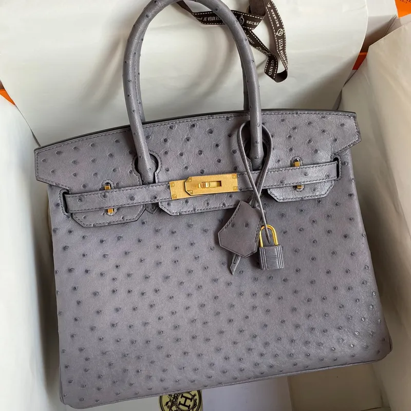 Hermes Birkin 30 Retourne Ručně vyráběná taška v kůži pštrosa Gris Agate