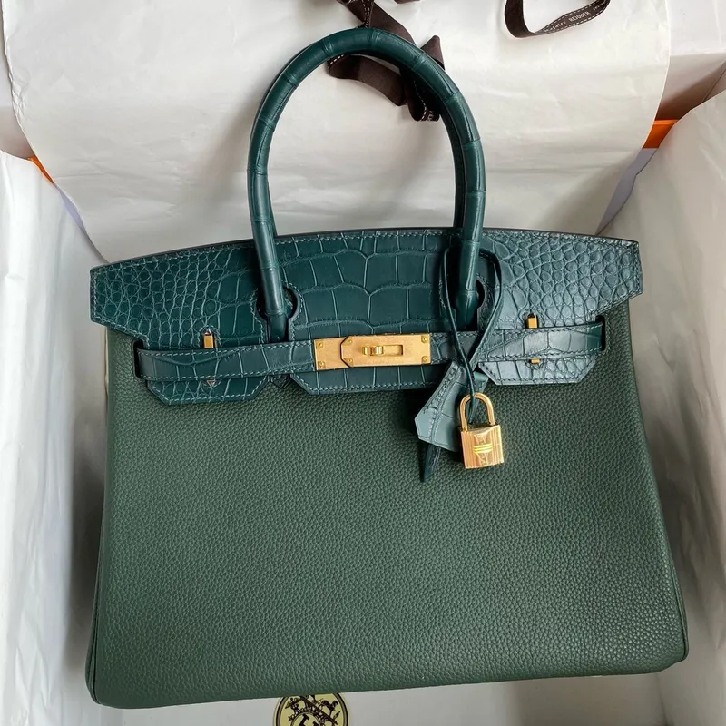Hermes Touch Birkin 30 taška v zelené kůže Clemence a matné aligátorové kůže
