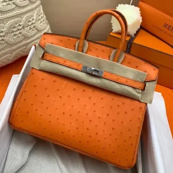 Hermes oranžová Birkin 25cm pštrosí ručně vyráběná taška