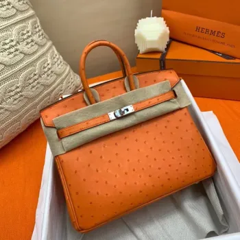 Hermes oranžová Birkin 25cm pštrosí ručně vyráběná taška