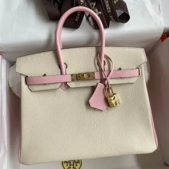 Hermes HSS Birkin 25 Bicolor Taška v Craie a Růžové Kůže Chevre Mysore